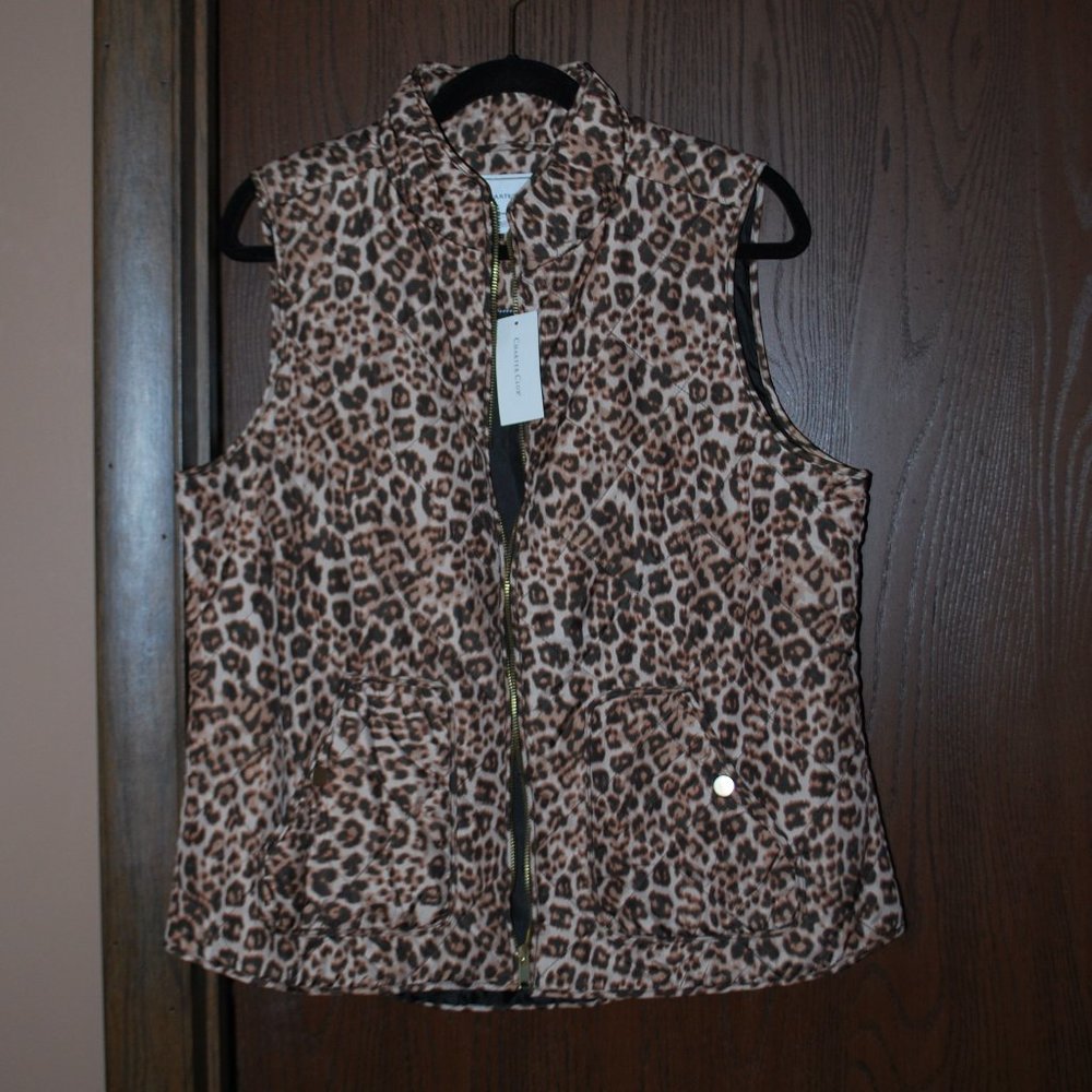 Charter Club Leopard Print Puffer Vest in Brown and Tan